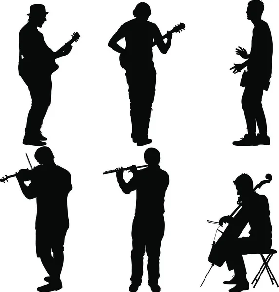 Silhouettes Street Musicians Playing Instruments Vector Illustration Silhouettes Street Musicians — Stock Vector