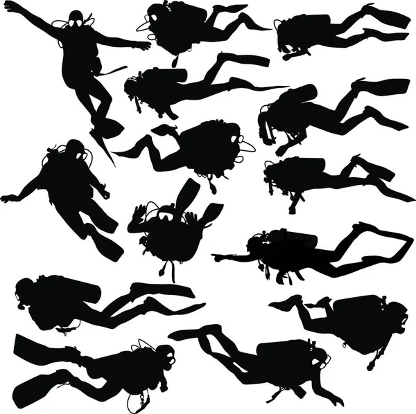 Set Zwarte Silhouet Duikers Vector Illustratie Set Zwarte Silhouet Duikers — Stockvector