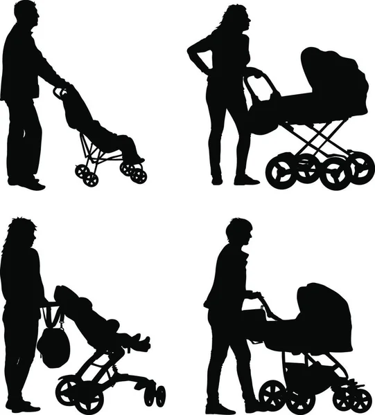 Set Schwarze Silhouetten Familie Mit Kinderwagen Auf Weißem Hintergrund Vektorillustration — Stockvektor