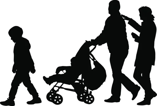 Schwarze Silhouetten Familie Mit Kinderwagen Auf Weißem Hintergrund Vektorillustration Schwarze — Stockvektor