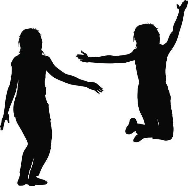 Silhueta Três Meninas Saltando Com Mãos Para Cima Movimento Ilustração — Vetor de Stock