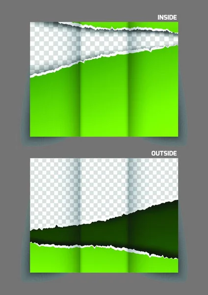 Torn Paper Tri Fold Design Brochure Green Color — Stock Vector