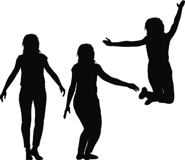 Σιλουέτα Τριών Νεαρών Κοριτσιών Που Χοροπηδάνε Χέρια Ψηλά Κίνηση Εικονογράφηση — Διανυσματικό Αρχείο