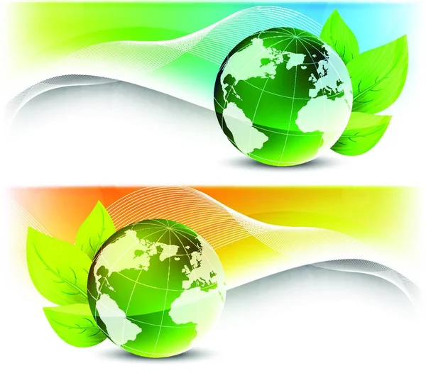 Set Ecology Banners Globe Leaves — Stock Vector