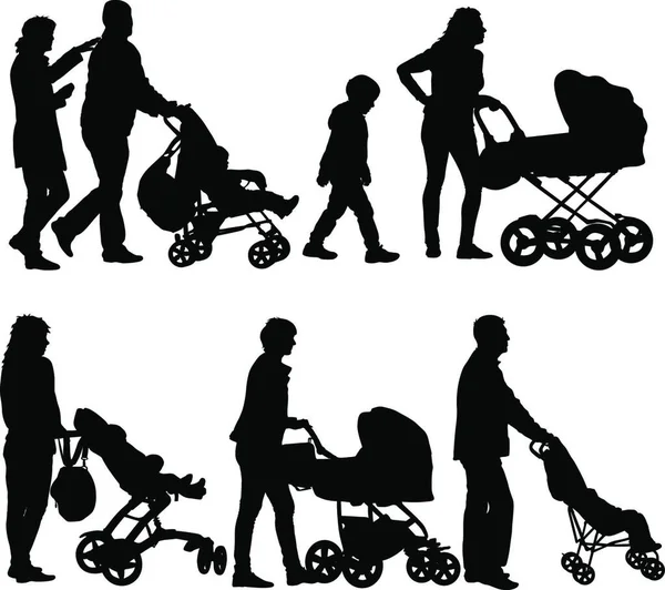 Set Schwarze Silhouetten Familie Mit Kinderwagen Auf Weißem Hintergrund Vektorillustration — Stockvektor