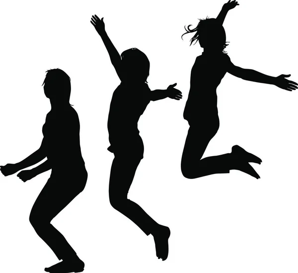 Silhouette Trois Jeunes Filles Sautant Les Mains Air Mouvement Illustration — Image vectorielle