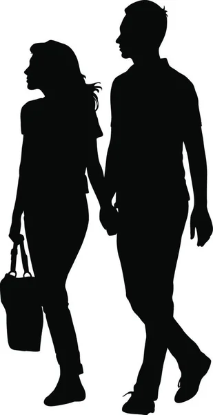 Silhouette Hombre Mujer Caminando Mano Silhouette Hombre Mujer Que Caminan — Archivo Imágenes Vectoriales