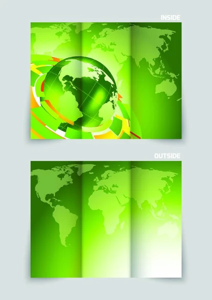 Drievoudig Brochureontwerp Met Wereldbol Kaarten Groene Kleur — Stockvector