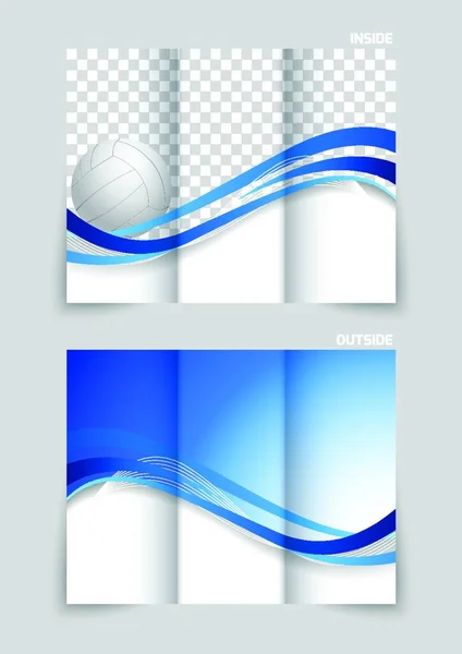 带波浪形蓝线和排球的三折小册子设计 — 图库矢量图片