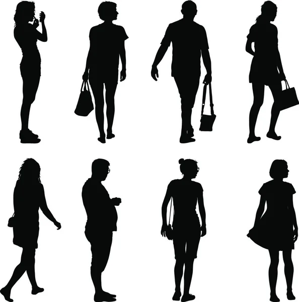 Schwarze Silhouette Gruppe Von Menschen Die Verschiedenen Posen Stehen Schwarze — Stockvektor