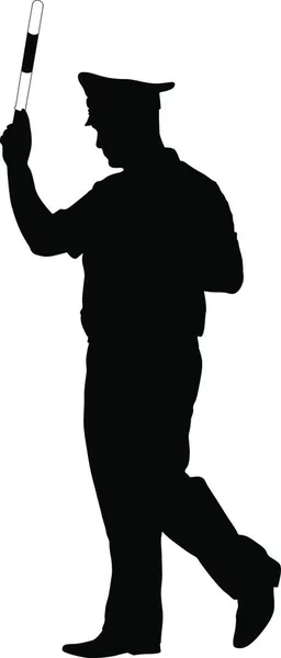 白い背景に棒を持つ警察官の黒いシルエット 警察官の黒いシルエット白い背景の棒 — ストックベクタ