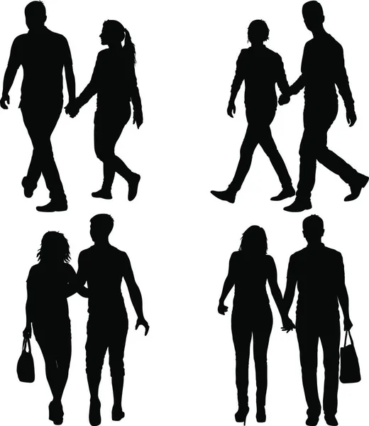 Mettre Silhouette Homme Femme Marchant Main Dans Main Mettre Silhouette — Image vectorielle