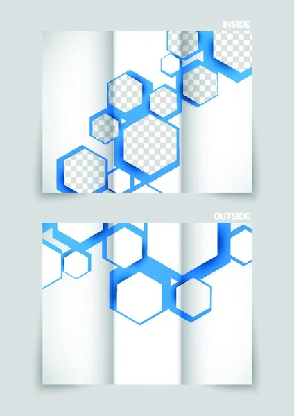 青い六角形の三つ折りのパンフレットテンプレートデザイン — ストックベクタ