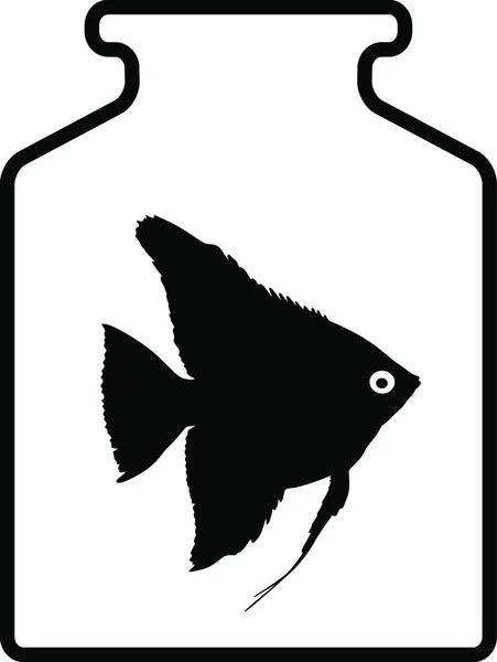 白い背景に水の入った瓶の中の水族館魚の黒いシルエット 白い背景に水の入った瓶の中の水族館魚の黒いシルエット — ストックベクタ