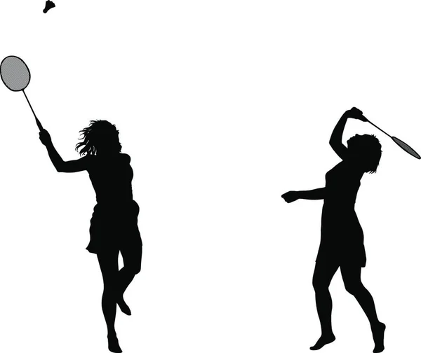 白い背景に女性バドミントン選手の黒のシルエット 黒シルエットの女性バドミントン選手上の白い背景 — ストックベクタ