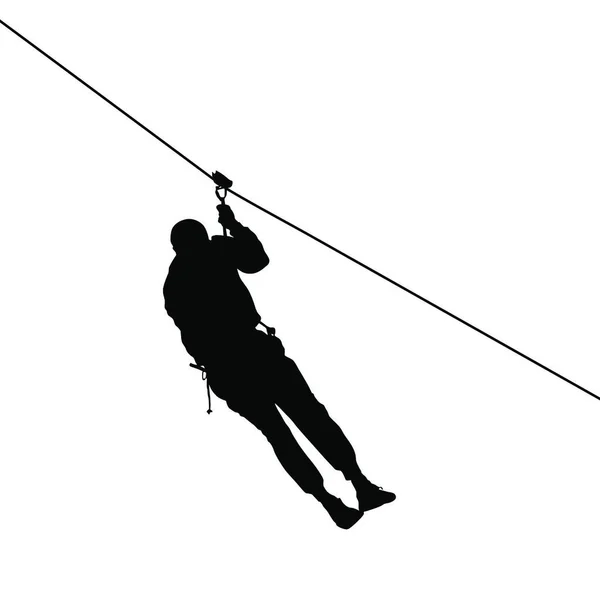 Schwarze Silhouette Extreme Seilabfahrt Attraktion Mann Steigt Die Seilbahn Hinunter — Stockvektor