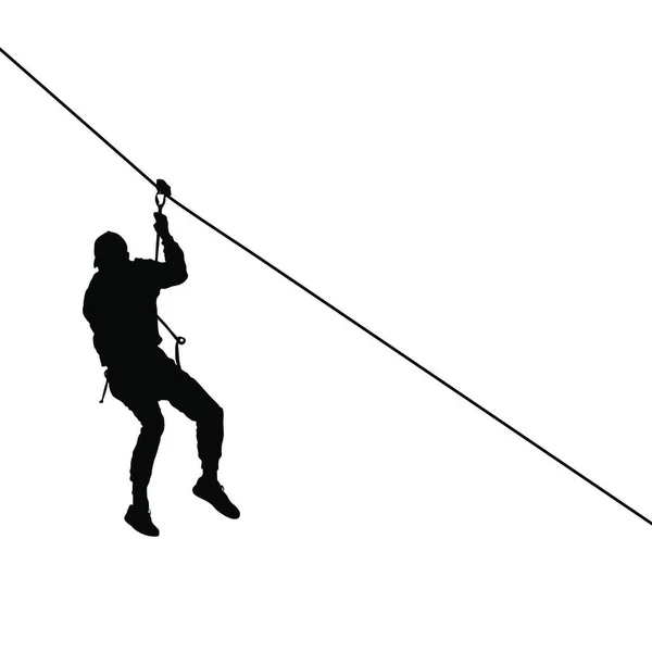 Black Silhouette Extreme Rope Descent Attraction Man Descends Cable Car — Stock Vector