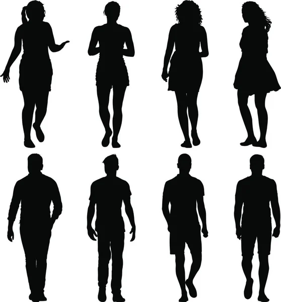 Schwarze Silhouette Gruppe Von Menschen Die Verschiedenen Posen Stehen Schwarze — Stockvektor