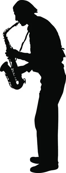 Silhouette Músico Tocando Saxofón Fondo Blanco Silhouette Musician Playing Saxophone — Vector de stock