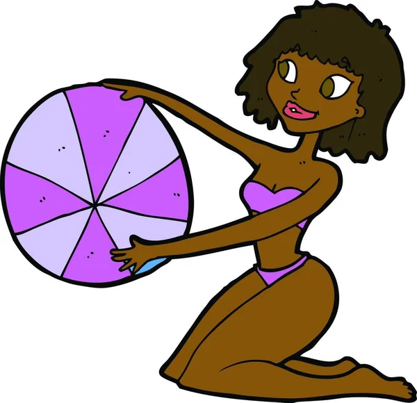 Bikini Dibujos Animados Chica Con Pelota Playa — Vector de stock