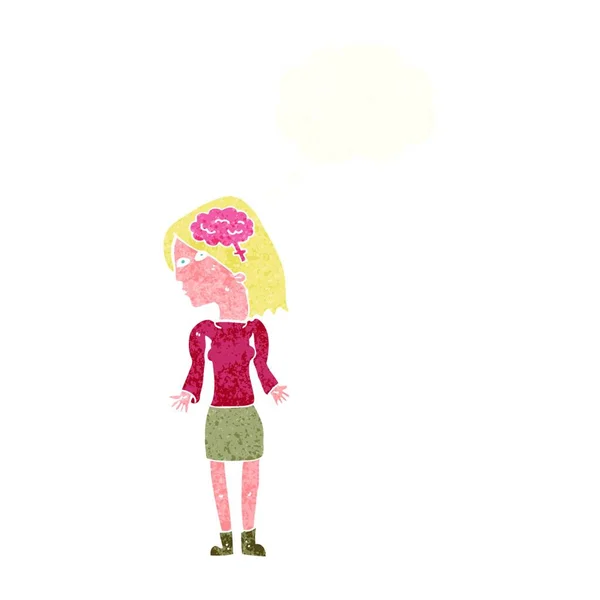 Mujer Inteligente Dibujos Animados Encogiéndose Hombros Con Burbuja Pensamiento — Vector de stock