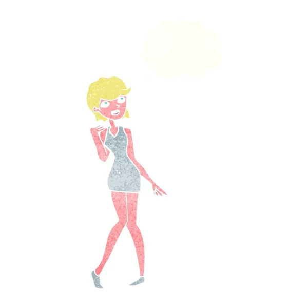 Mujer Dibujos Animados Vestido Cóctel Con Burbuja Pensamiento — Vector de stock