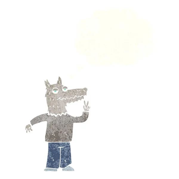 Dibujos Animados Hombre Lobo Feliz Con Burbuja Pensamiento — Vector de stock