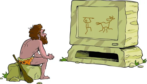 Prehistoryczny Człowiek Oglądanie Telewizji Kamień Wektor Ilustracja — Wektor stockowy