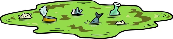 Cartone Animato Scarabocchio Inquinato Stagno Con Illustrazione Vettoriale Pesci — Vettoriale Stock