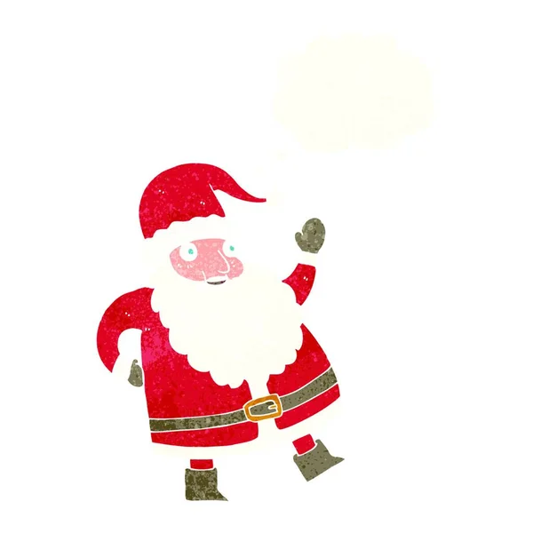 Lustige Winkende Weihnachtsmann Karikatur Mit Gedankenblase — Stockvektor