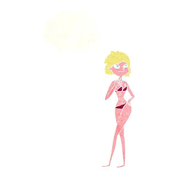 Mujer Dibujos Animados Bikini Con Burbuja Pensamiento — Vector de stock