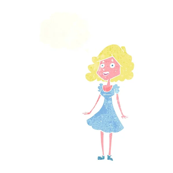Karikatur Glückliche Frau Kleid Mit Gedankenblase — Stockvektor