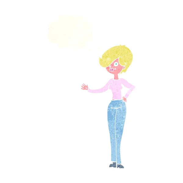 Mujer Dibujos Animados Ondeando Con Burbuja Pensamiento — Vector de stock