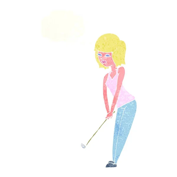 Mulher Dos Desenhos Animados Jogando Golfe Com Bolha Pensamento — Vetor de Stock