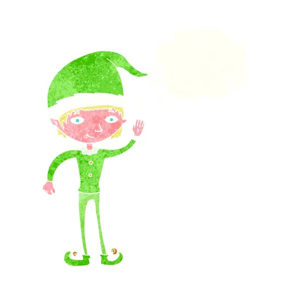 Dessin Animé Agitant Elfe Noël Avec Bulle Pensée — Image vectorielle