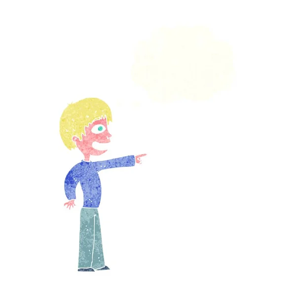 Kreslený Šklebící Chlapec Ukazuje Myšlenkovou Bublinou — Stockový vektor
