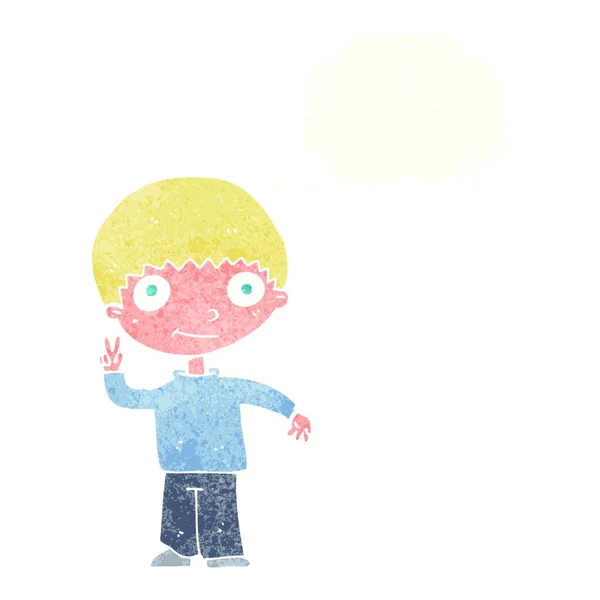 Καρτούν Αγόρι Δίνει Σημάδι Ειρήνης Φούσκα Σκέψης — Διανυσματικό Αρχείο
