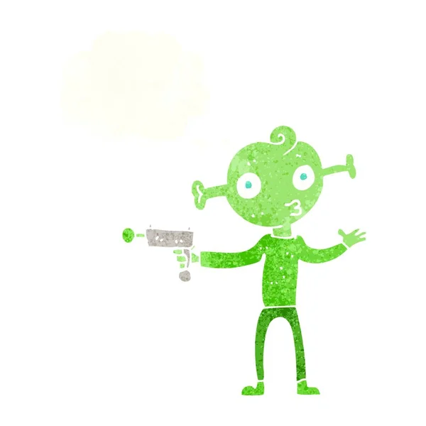 Cartone Animato Alieno Con Pistola Raggi Con Bolla Pensiero — Vettoriale Stock