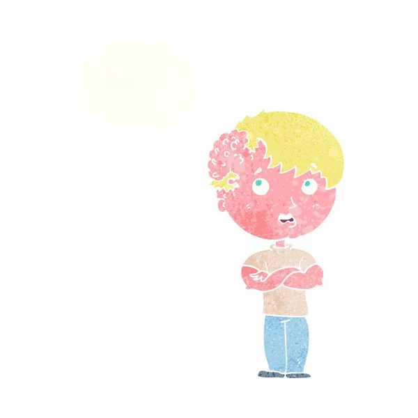 Cartoon Junge Mit Wachstum Auf Dem Kopf Mit Gedankenblase — Stockvektor