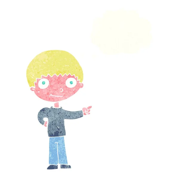 Καρτούν Χαρούμενο Αγόρι Δείχνει Φούσκα Σκέψης — Διανυσματικό Αρχείο