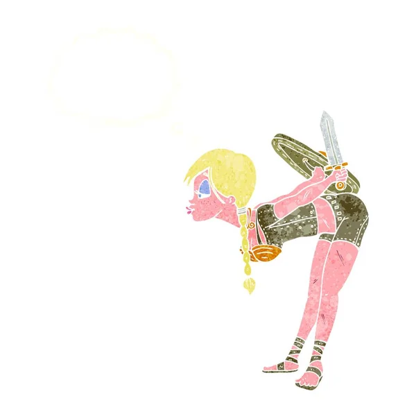 Dessin Animé Viking Fille Saluant Avec Bulle Pensée — Image vectorielle