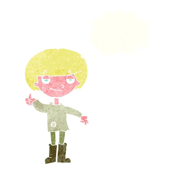Kreslený Chlapec Špatném Oblečení Dává Palce Nahoru Symbol Myšlenkovou Bublinou — Stockový vektor