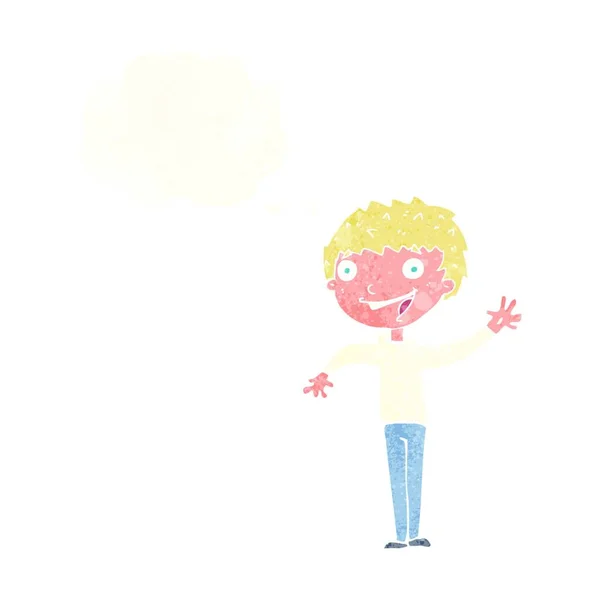 Karikatur Glücklicher Junge Winkt Mit Gedankenblase — Stockvektor