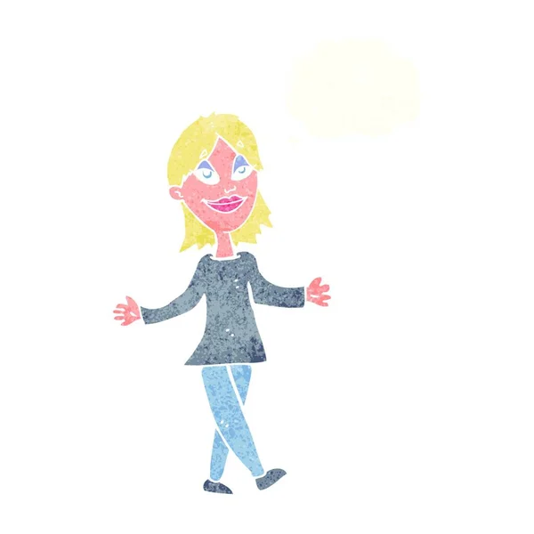 Mujer Dibujos Animados Sin Preocupaciones Con Burbuja Pensamiento — Vector de stock