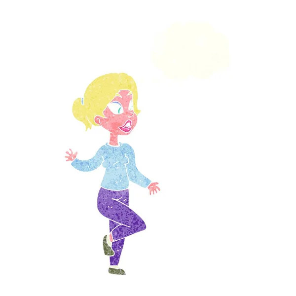 Mujer Amigable Dibujos Animados Ondeando Con Burbuja Pensamiento — Archivo Imágenes Vectoriales