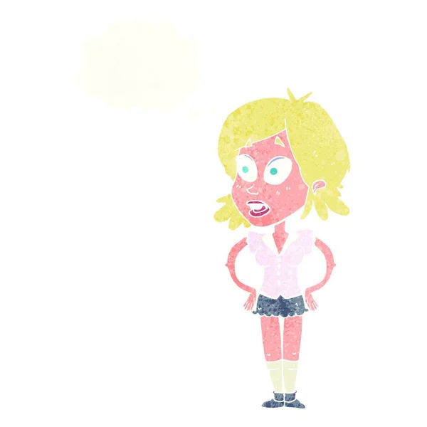 Cartoon Vrouw Met Handen Heupen Met Gedachte Bubble — Stockvector