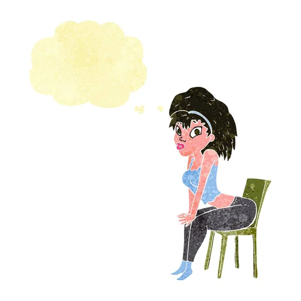 漫画女性と思ったのバブルと椅子のポーズ — ストックベクタ