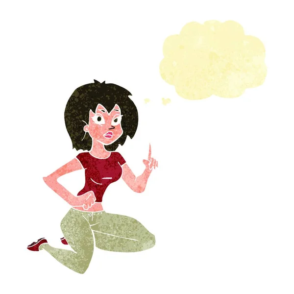 Cartoon Sitzende Frau Mit Idee Mit Gedankenblase — Stockvektor