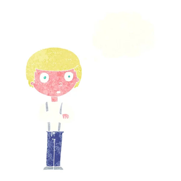 Karikatur Starrender Junge Mit Verschränkten Armen Mit Gedankenblase — Stockvektor