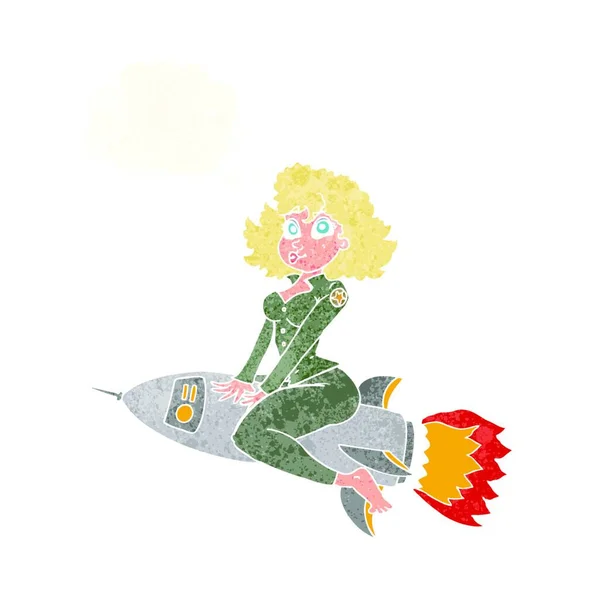 Cartoon Esercito Pin Ragazza Cavalcando Missile Con Bolla Pensiero — Vettoriale Stock